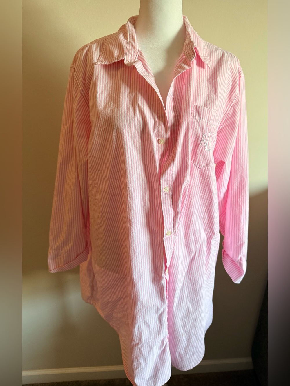 Ralph Lauren Light pink Stripe cotton button up sleep shirt logo pocket sz M